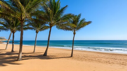 Obraz premium Serene beach scene with palm trees, golden sand, and a clear blue ocean under a bright sky, perfect for relaxation and leisure.