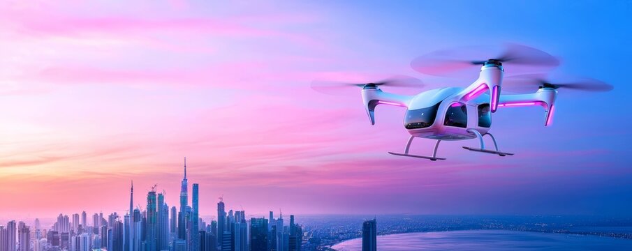 A city skyline with autonomous flying taxis, representing a future where air transportation becomes a part of daily urban commuting