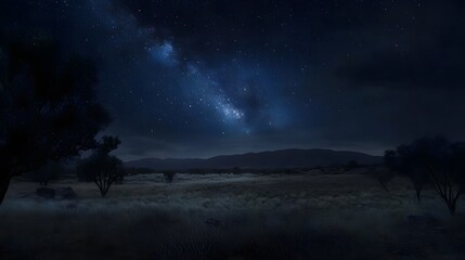 Naklejka premium Stunning night sky filled with stars and a glowing Milky Way over a serene landscape, evoking a sense of wonder and tranquility.