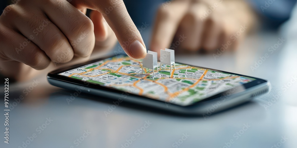 Poster a person is interacting with a smartphone displaying a detailed map, highlighting locations and poin
