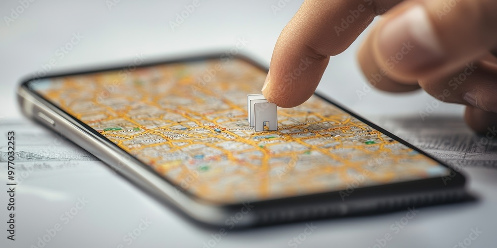 Poster a finger presses a small button on a smartphone screen displaying a detailed, colorful map with vari