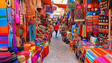 Fototapeta premium Vibrant market scene filled with colorful textiles and handicrafts, showcasing the rich culture and artistry of local vendors.