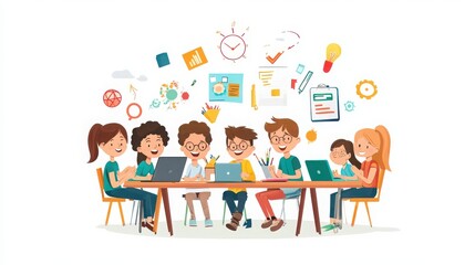 Fototapeta premium Characters of students and teachers collaborating in project-based learning, expressing teamwork, excitement, and creativity, white background 