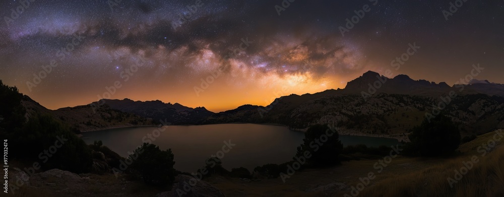 Wall mural a panoramic view of the milky way and the comet neowise during a starry night