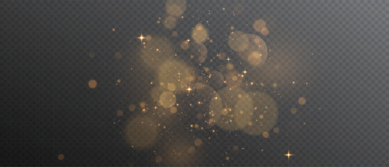 The light of gold dust. A stunning bokeh light effect background png. A gorgeous Christmas glowing dust background. A beautiful yellow flickering glow with confetti bokeh light and particle motion. © David