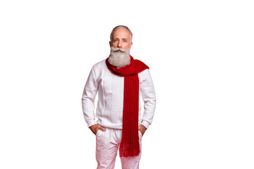 Portrait of charming senior person wearing white sweater pants trousers isolated over red background