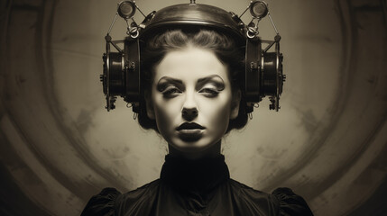 Retrofuturistisches Portrait einer Frau mit helmartiger technischer Apparatur, MK-Ultra-Konzept, frontal, Illustration