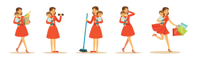 Woman Housewife Engaging in Different Domestic Works Vector Illustrations Set