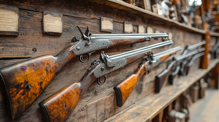 Ornately engraved hunting guns are displayed on a wooden wall, showcasing the craftsmanship of a bygone era