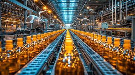 Naklejka premium Bottles filled with orange liquid moving on a production line in a state-of-the-art factory