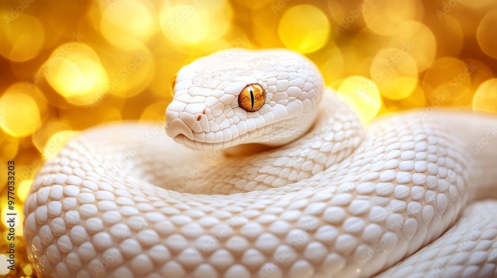 Poster white snake on gold, close-up portrait of a reptile with captivating golden bokeh background.