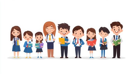 Fototapeta premium Characters of teachers guiding students, showing emotions like patience, pride, and focus, white background 