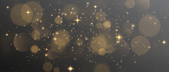 The light of gold dust. A stunning bokeh light effect background png. A gorgeous Christmas glowing dust background. A beautiful yellow flickering glow with confetti bokeh light and particle motion. © David