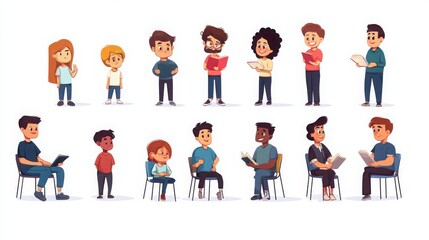 Naklejka premium Characters of teachers mentoring students one-on-one, showing emotions like guidance, patience, and encouragement, white background 