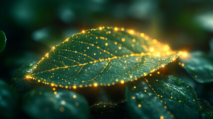 Green leaf covered in glowing particles is representing the fusion of nature and technology