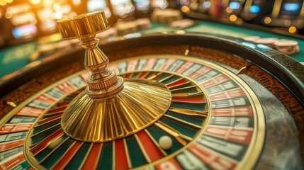 Naklejka premium Casino roulette wheel in motion, with the ball poised to land on a winning number