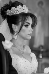 Elegant Bride with Ornate Tiara in Black and White Portrait
