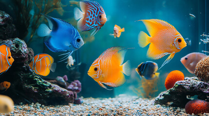 Fototapeta premium A colorful fish tank with a variety of species swimming around.