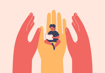 Three human hands surrounded boy reading book with kindness. Healthcare support and shield children's rights in society. Adults taking care about kids. Social protection and education for kids. Vector