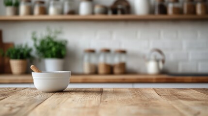 Obraz premium An empty white bowl sits centered on a wooden kitchen countertop, set against a backdrop of a well-organized and bright kitchen, showcasing simplicity and modern kitchen design.