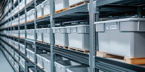 plastic boxes in the cells of the automated warehouse. Metal construction warehouse shelving