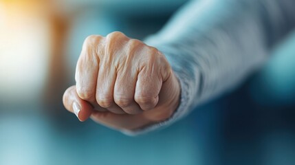 A close-up image of a clenched fist, symbolizing determination and strength. The detailed capture highlights the texture of the skin and the intensity of the moment.