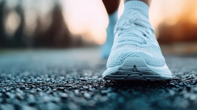 Close-up of one foot wearing a white sports shoe, with detailed texture of the pavement beneath, highlighting the beginning or end of a fitness journey.