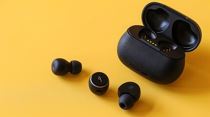 Fashionable wireless earbuds set on a yellow backdrop with a battery pack