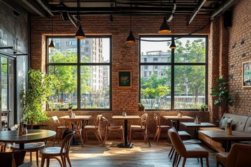 Cozy coffee shop interior with warm wooden tables and large windows. The natural light enhances the rustic brick walls. A perfect spot for relaxation and work. Generative AI