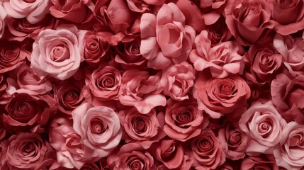 The wall background consists of a red, bright background with roses. The wallpaper is filled with beautiful, romantic, elegant flowers in 3D.