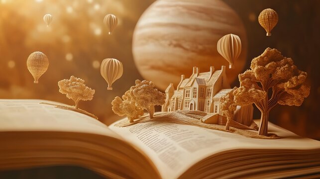 An open book with an intricate paper sculpture of a fantasy world coming to life, complete with floating balloons and castles