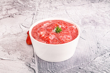 Strawberry soup with strachatella cheese