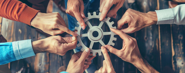 Teamwork and Collaboration Concept with Hands Holding Gear