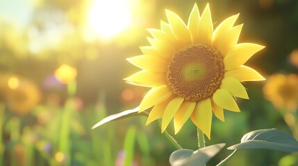 Obraz premium A single sunflower blooms in a field with a blurred background of other sunflowers and green foliage. The sun shines brightly, creating a warm and golden glow.
