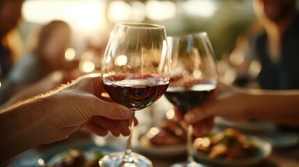 This image captures a moment of two people clinking their wine glasses together, celebrating or toasting against a beautiful sunset backdrop, emphasizing friendship or celebration.