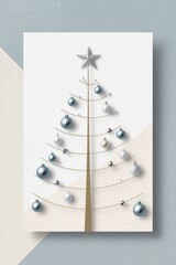 Minimalistic Christmas silver decorated fir tree on a light background in the form of a card.