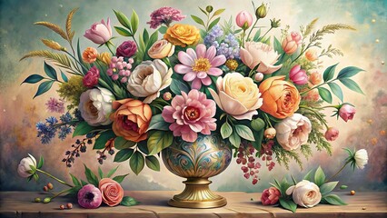 Illustration of an ornate vase filled with colorful flowers set against a soft, muted background.