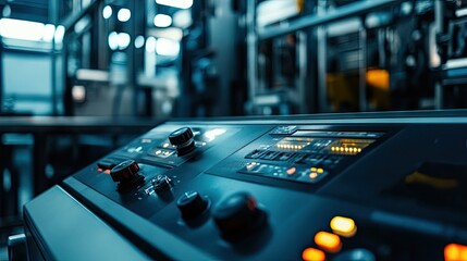 A machine control panel with LED indicators and touch-sensitive buttons, showing precision control in a clean, high-tech environment.