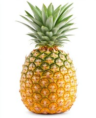 Fototapeta premium Ananas fruit, ripe, focused, isolated, white background. Juicy fruits healthy vitamin diet, sweet food design. Tasty raw whole aranas with full depth of field and high resolution retouching.