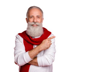 Portrait of his he nice attractive groomed cheerful cheery confident content gray-haired man pointing aside ad advert decision isolated over bright vivid shine red background