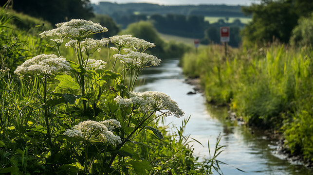 A close-up of giant hogweed growing along a riverbank in Europe, with warning signs nearby 