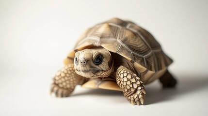 Fototapeta premium A tiny African Sulcata Tortoise is in front of a white background. An African spurred tortoise in a studio with white background lighting. It's a cute animal.