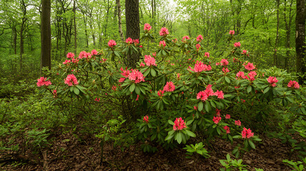Invasive rhododendron bushes covering large areas of a European forest floor, limiting biodiversity 