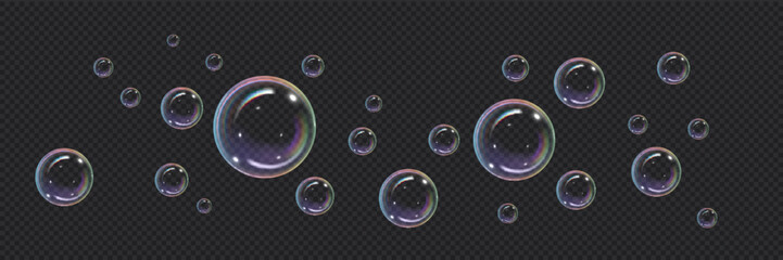 Realistic soap bubbles vector illustration, glossy transparent volume circle water drops with holographic effect, glares