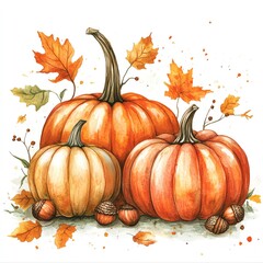 A beautiful watercolor illustration of pumpkins surrounded by autumn leaves and acorns, capturing the essence of fall.