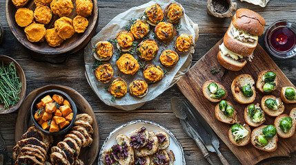 Fototapeta premium Modern Thanksgiving appetizers include turkey meatballs, sweet potato crostini, and roasted Brussels sprouts on a country table.
