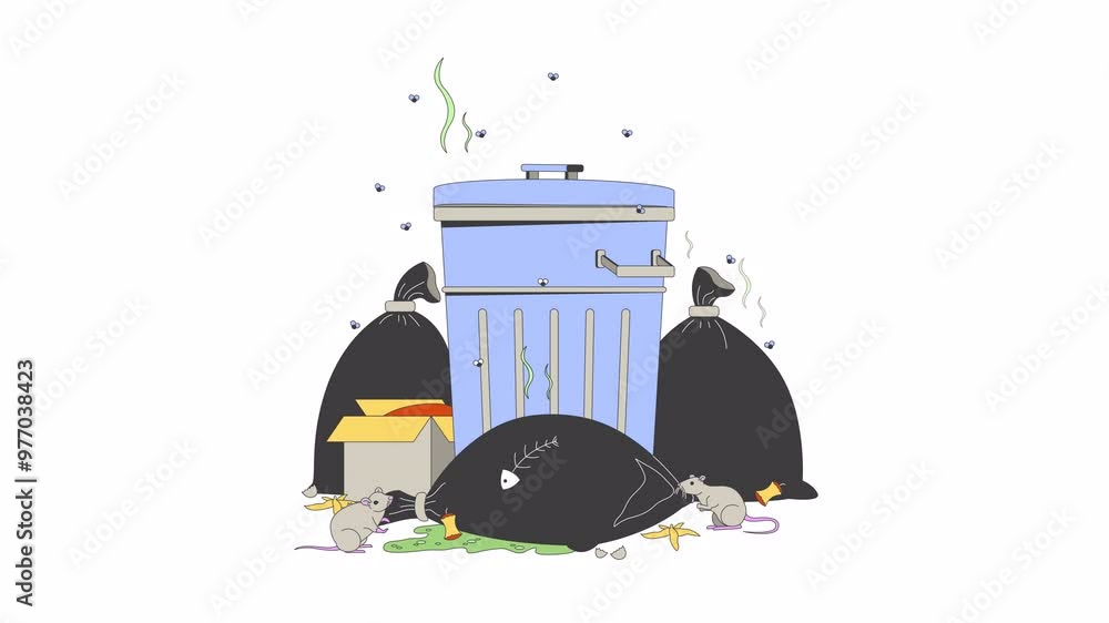Poster garbage dump with flying insects and rats 2d object animation. waste management issues cartoon 4k vi