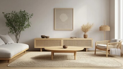 A minimalist living area with Scandinavian design elements, featuring a light wood coffee table, a simple rug, and a few carefully chosen dcor pieces.