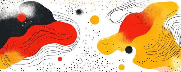 Fototapeta premium Abstract illustration of organic shapes with vibrant red, black, and yellow colors and dynamic line patterns