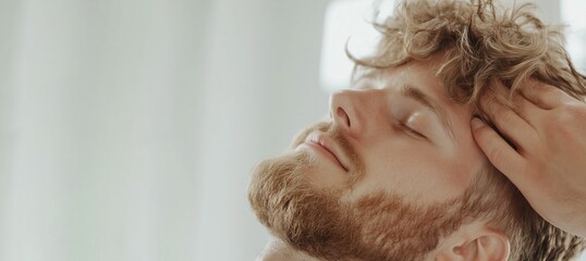 A man lies on a chair-washbasin in a barbershop, a hairdresser gives him a head massage before washing his hair, the concept of advertising hair products, services. Banner and copy space.